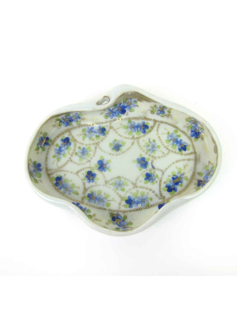 Antique Porcelain Dish Hand Painted Blue Flowers Green Gold Accents Japan Mikado